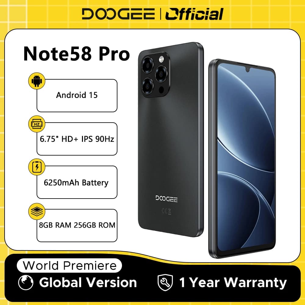 هاتف دوغي Note58 Pro نسخة عالمية بشاشة 6.75 بوصة HD+، 8GB+256GB، بطارية كبيرة 6250mAh، أندرويد 15، NFC