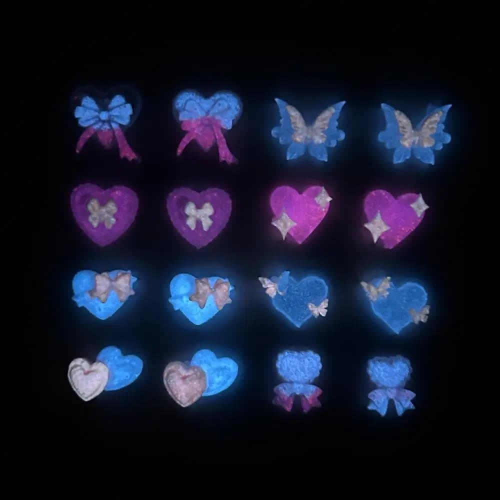 New Pink Series Bow Heart Resin Nail Charms 3D Luminous Double Butterfly Peach Heart Sweet Wind Nail Art Decorations DIY Nails - 6