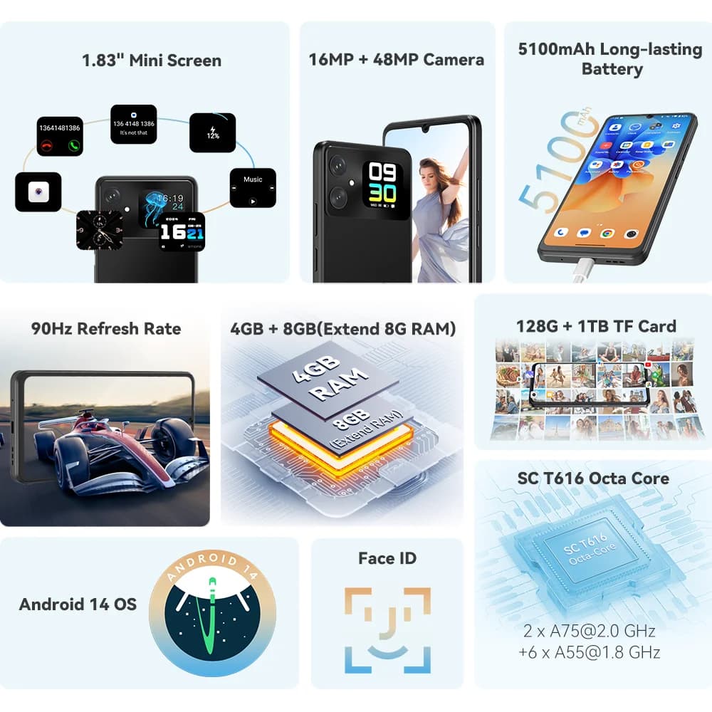 هاتف كوبوت A20، أندرويد 14، 12 جيجابايت (4 جيجابايت + 8 جيجابايت توسعة) رام + 128 جيجابايت روم، شاشة 90 هرتز 6.745 بوصة HD+، بطارية 5100 مللي أمبير، كاميرا 48 ميجابكسل، معرف الوجه - 2