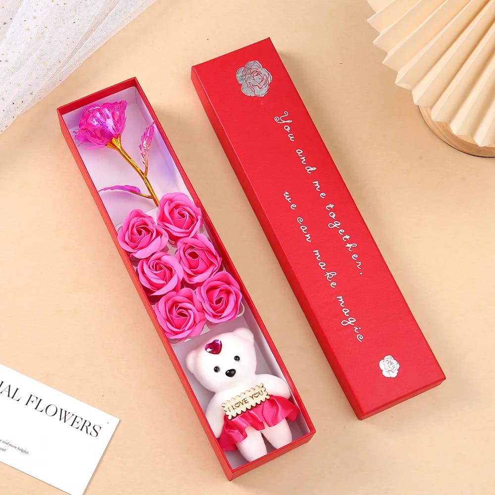 Plush Bear Artificial Flower Gift Box Soap Rose Flowers 24K Gold Foil Rose Valentines Day Mother Day Gift Wedding Home Decor - 5