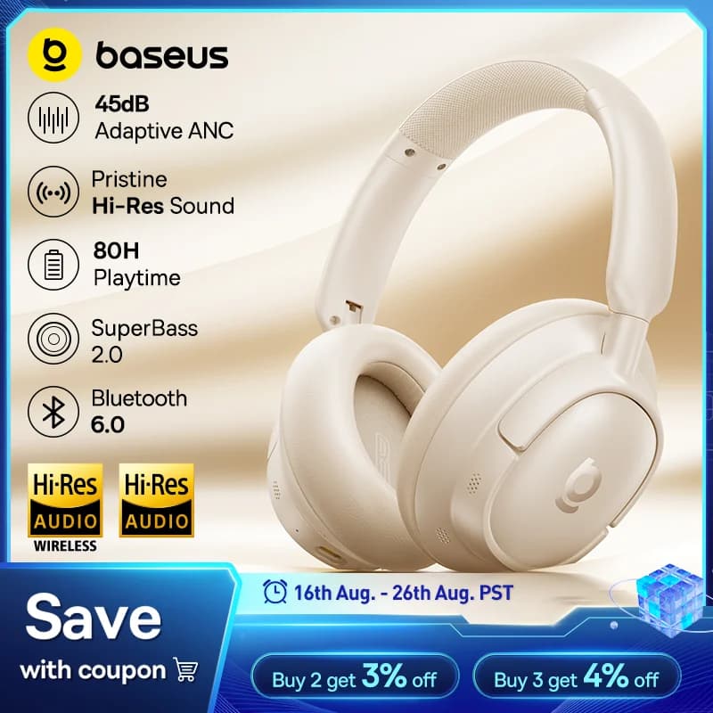 سماعات رأس لاسلكية Baseus Bowie H1s بتقنية Bluetooth 5.4، إلغاء ضوضاء 46dB، سماعات أذن فوق الأذن، صوت عالي الدقة، صوت مكاني، عمر بطارية 120 ساعة
