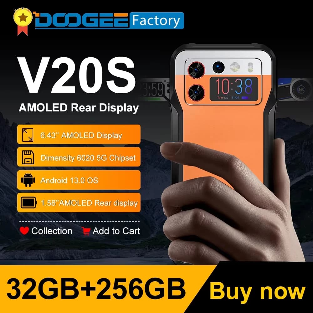 هاتف دوغي V20S متين 5G 12 جيجابايت 256 جيجابايت معالج دايمنسي 6020 ثماني النواة شاشة خلفية AMOLED 1.58 بوصة مع حامل