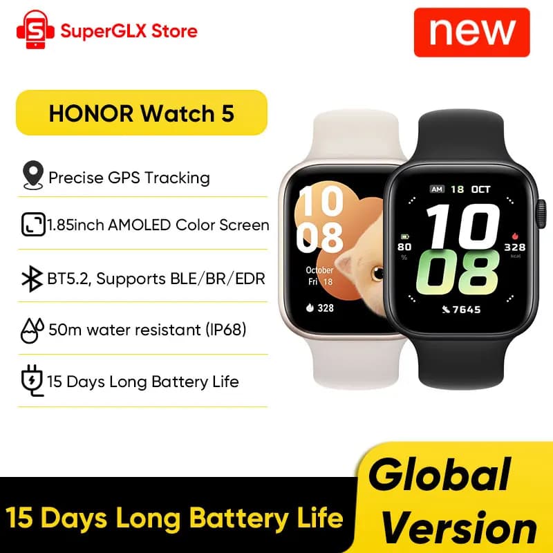 100% Original HONOR Watch 5 Smartwatch Global Version 1.85" AMOLED Display HONOR North Star Positioning System 480mAh 5ATM&IP68