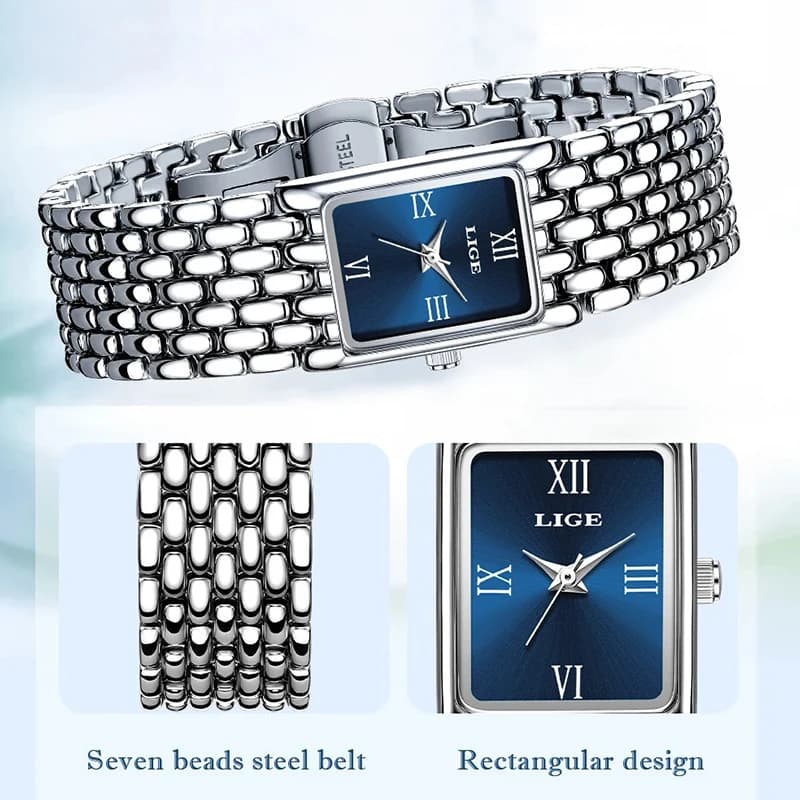 LIGE New Design Ladies Watch Fashion Quartz Wristwatch Silver Simple Square Women Watches Luxury Stainless Steel Folding Clock - 5