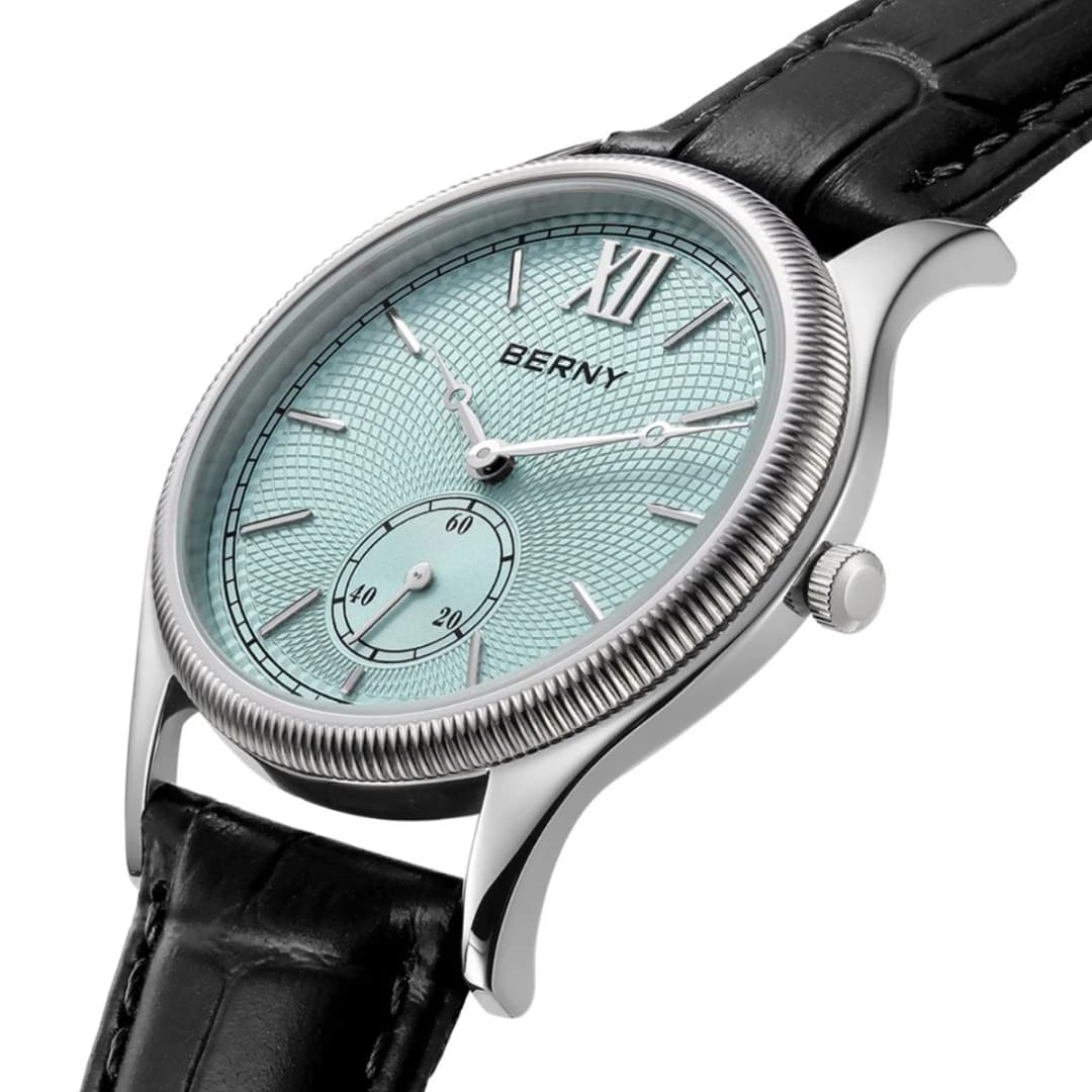 ساعة يد ربعية كلاسيكية فاخرة من BERNY للرجال، علبة من الفولاذ المقاوم للصدأ رفيعة للغاية، سوار جلدي أنيق