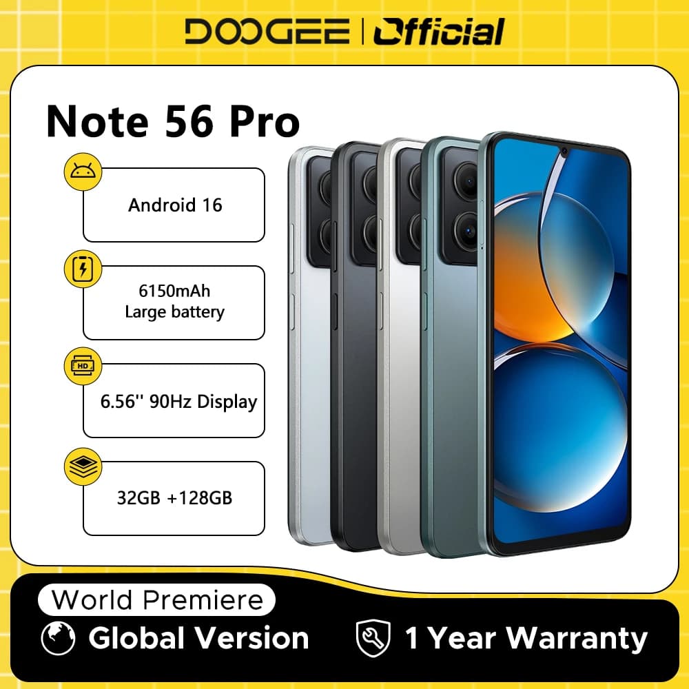 هاتف ذكي DOOGEE Note56 Pro، إصدار عالمي، أندرويد 16، بطارية 6150 مللي أمبير، شاشة 6.56 بوصة 90 هرتز، 32 جيجابايت/128 جيجابايت، NFC