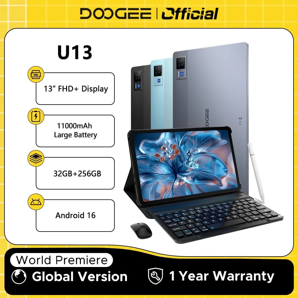 جهاز لوحي DOOGEE U13 أندرويد 16 كمبيوتر Gemini AI شاشة 13 بوصة FHD+ ذاكرة 32 جيجابايت رام 256 جيجابايت بطارية كبيرة 11000 مللي أمبير 7.5 ملم فائق النحافة لوحي ذكي