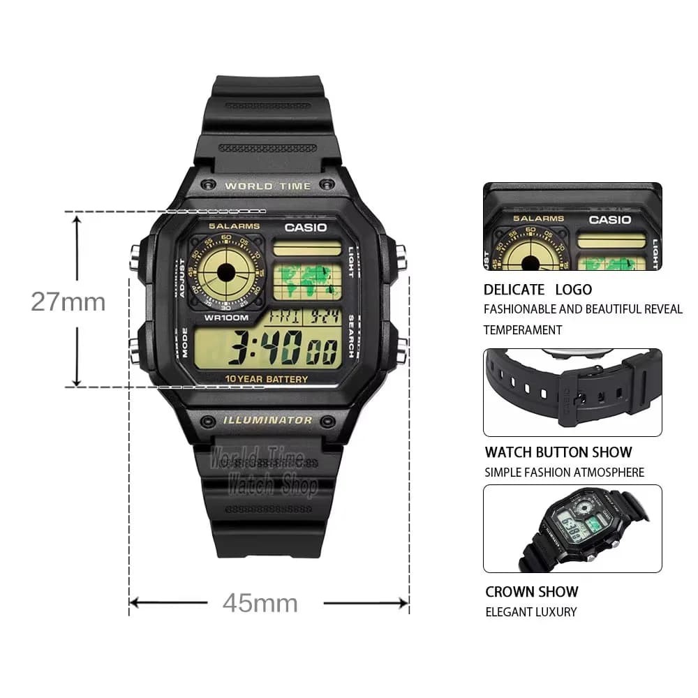ساعة Casio للشباب، ساعة رياضية خارجية للرجال، موديل AE-1200WH-1B - 2