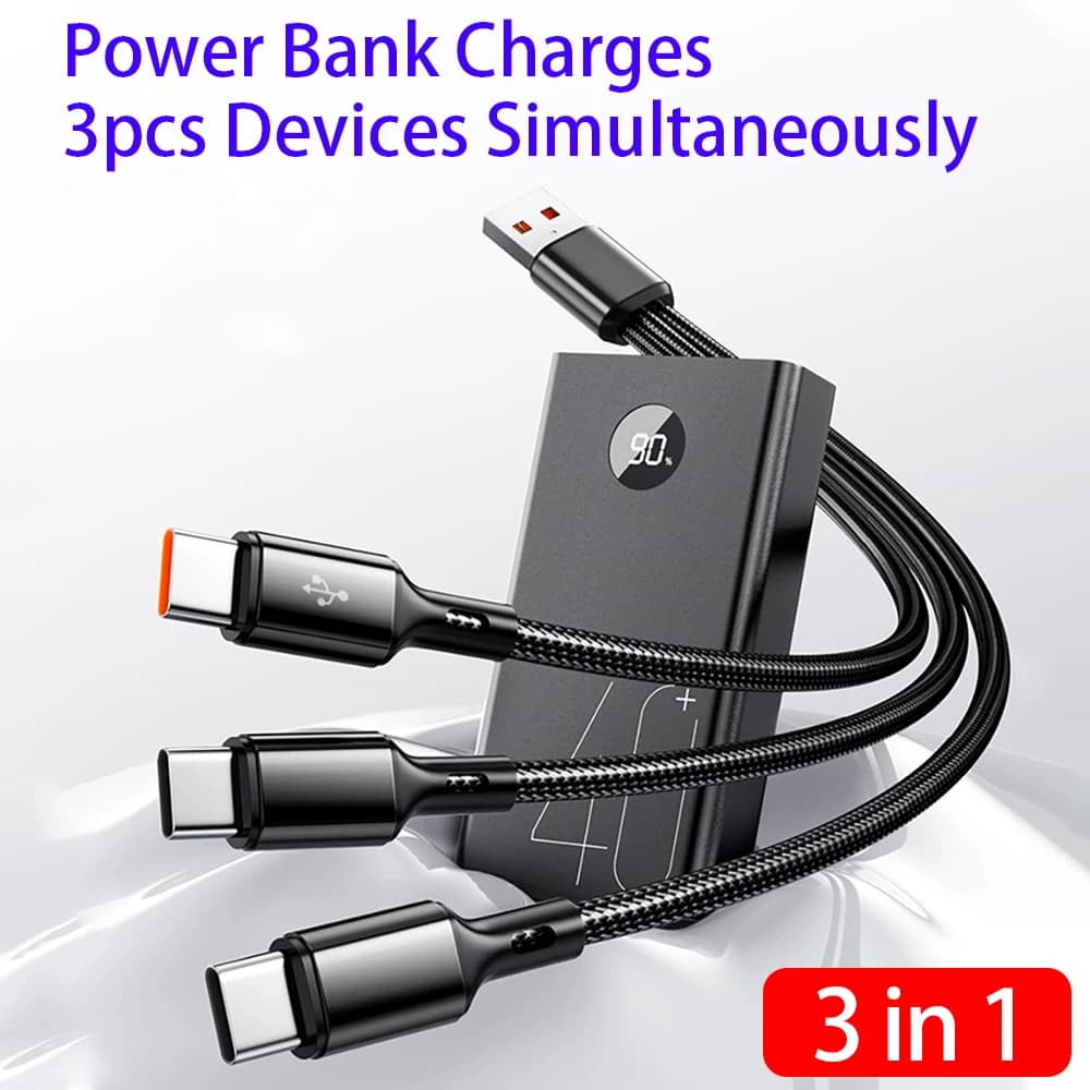 كابل 3 في 1، USB-Type C، 100 واط، شحن سريع، كابل بيانات USB A-3Type-C لسامسونج S24 وشاومي وهواوي وأندرويد، سلك نقل بيانات USB C - 5