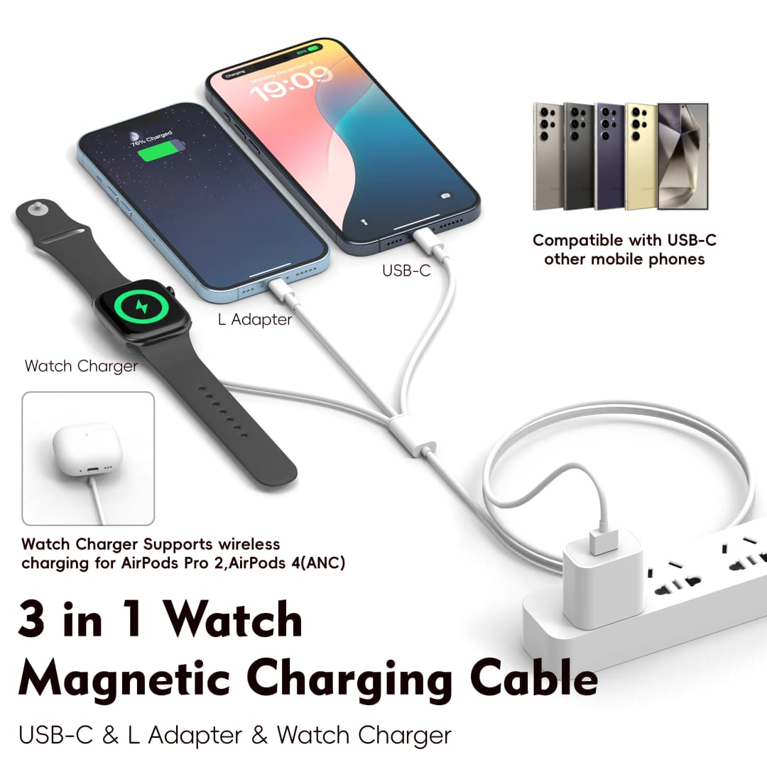 كابل شحن 3 في 1 USBC USBA للهاتف شاحن ساعة مغناطيسي قاعدة شحن لاسلكية عالمية لساعات iWatch S10 SE Ultra وAirPods - 2