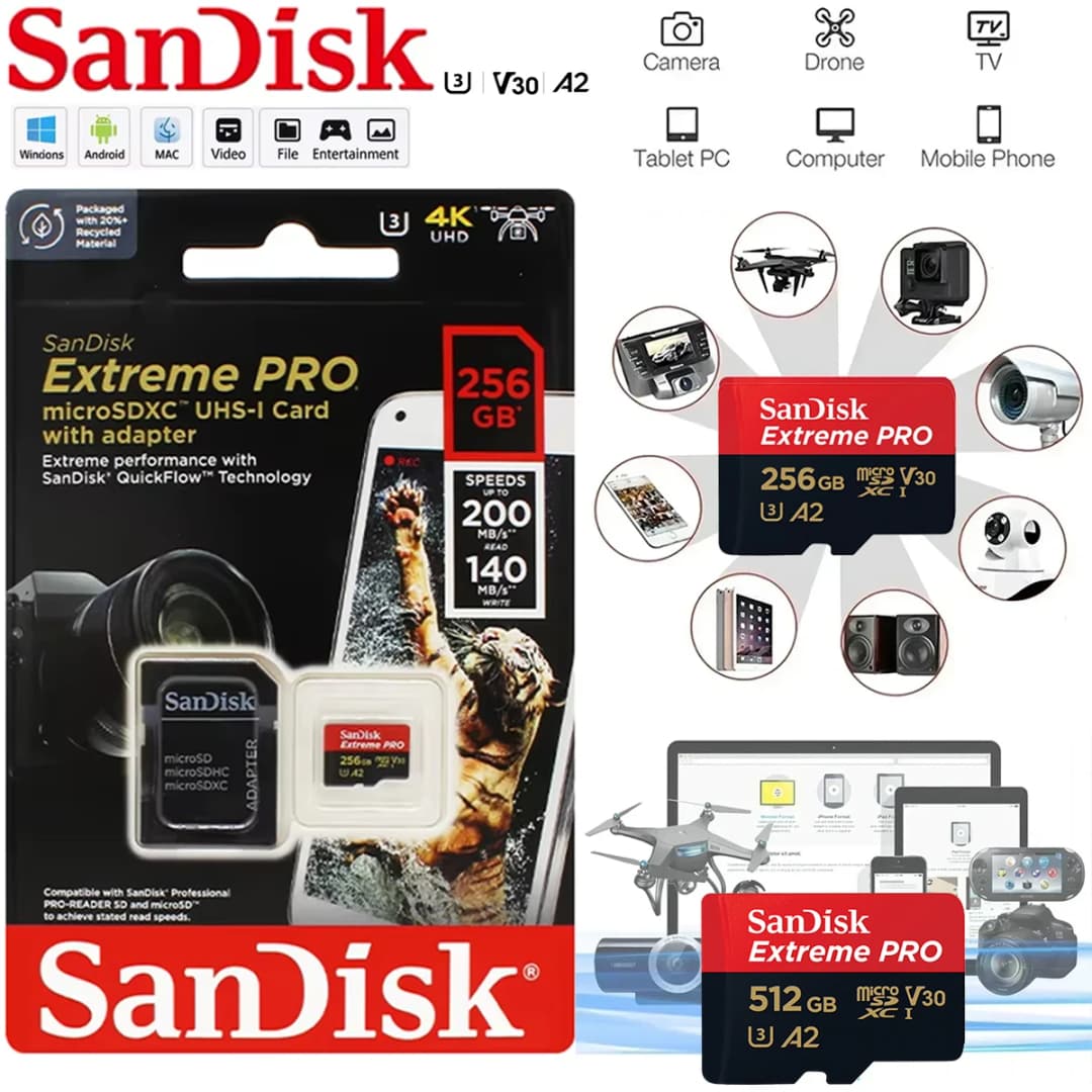 بطاقة الذاكرة Sandisk Extreme Pro SD - سعات متعددة، فئة U3 V30 A2، تدعم 4K، متوافقة مع الهواتف والكاميرات