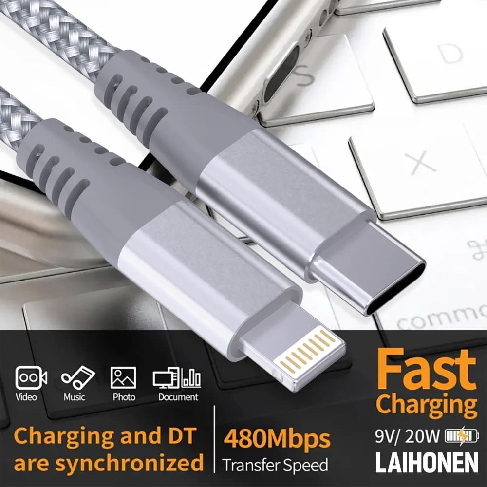 1 قطعة 2 قطعة كابل بيانات شحن سريع Type C إلى Lightning معتمد MFI 20 واط كابل نايلون مضفر لـ iPhone14 14Pro 14Plus 13 12 11 X - 3