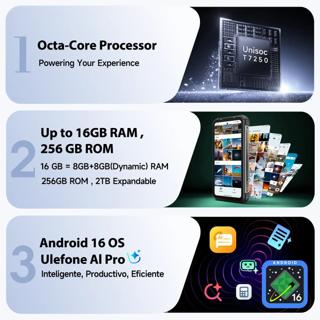 هاتف Ulefone RugKing 5 Pro 4G، هاتف ذكي متين بنظام أندرويد 16، بطارية 20000 مللي أمبير، ذاكرة وصول عشوائي حتى 16 جيجابايت، ذاكرة تخزين 256 جيجابايت، كاميرا ليلية، شاشة 6.78 بوصة FHD+ - 6