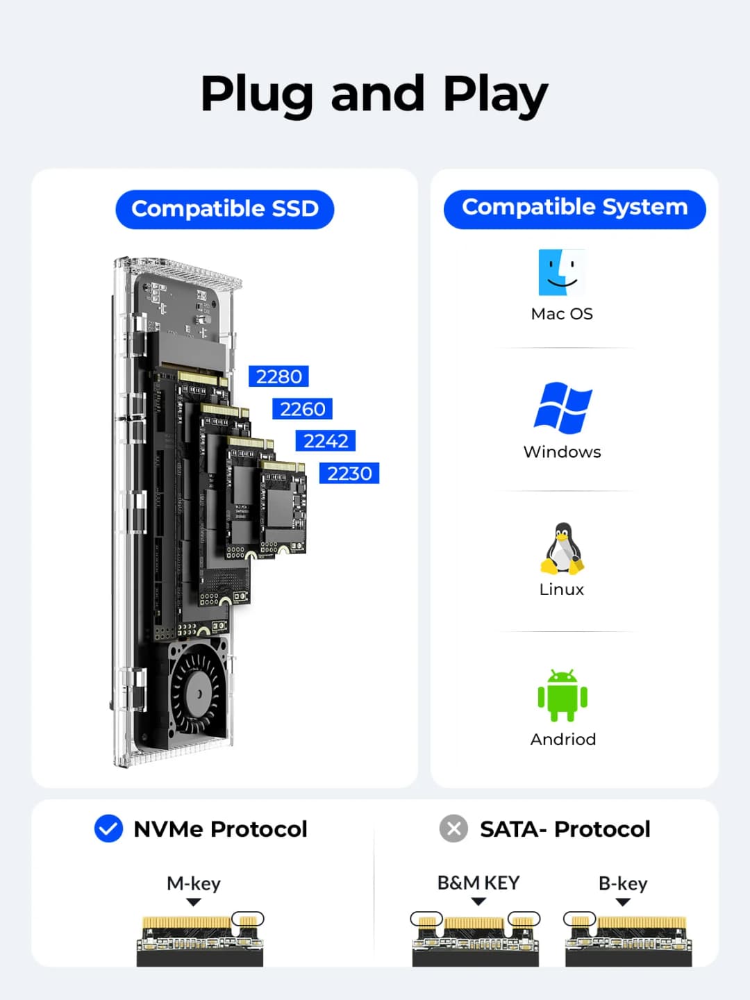 ORICO علبة M.2 NVME SSD بسرعة 20 جيجابت/ثانية مع مروحة تبريد محول USB 3.2 Gen 2 x 2 PCIE NVME سعة 4 تيرا بايت لمفتاح PCIe M - 5