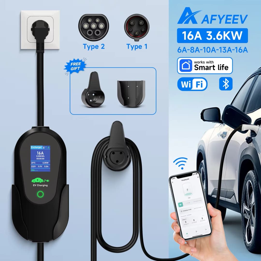 شاحن سيارات كهربائية محمول AFYEEV بقوة 3600 واط من النوع 2 IEC62196-2 ونوع 1 SAE J1772 مع قابس EU وتحكم عبر تطبيق WiFi وBluetooth