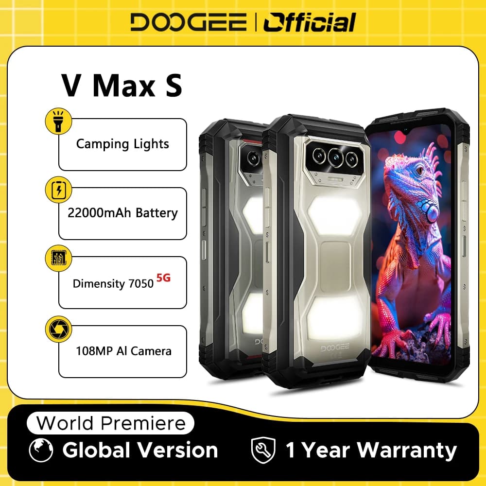 الإصدار الأول عالميًا من هاتف DOOGEE V Max S 5G المتين مع إضاءة تخييم مزدوجة وبطارية 22000 مللي أمبير وسعة 24 جيجابايت (8+16) وذاكرة 256 جيجابايت وكاميرا ذكية بدقة 108 ميجابكسل