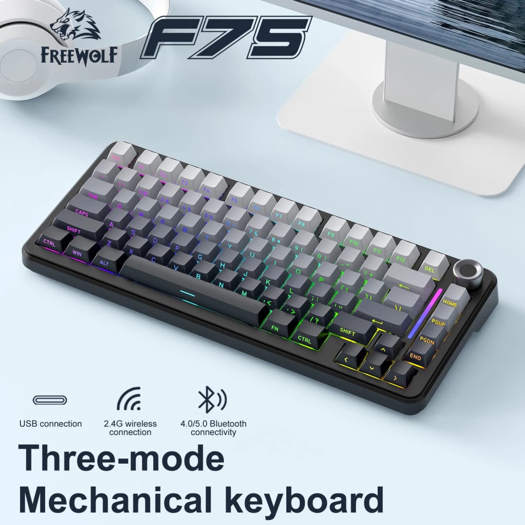 75% Hot Swap Gaming Keyboard Wireless FREEWOL F75 RGB Mechanical Keyboard with Metal Knobs AULA F75 Same Model,Tri-Mode,4000 mAh - 4