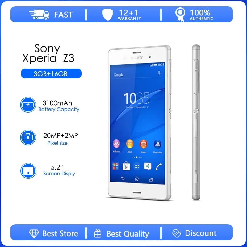 سوني اكسبيريا Z3 D6603 مجددة - أصلية مفتوحة 4G 16GB 3GB رام أندرويد هاتف محمول 20MP 5.2 بوصة رباعي النواة WIFI GPS 2160p سماعة