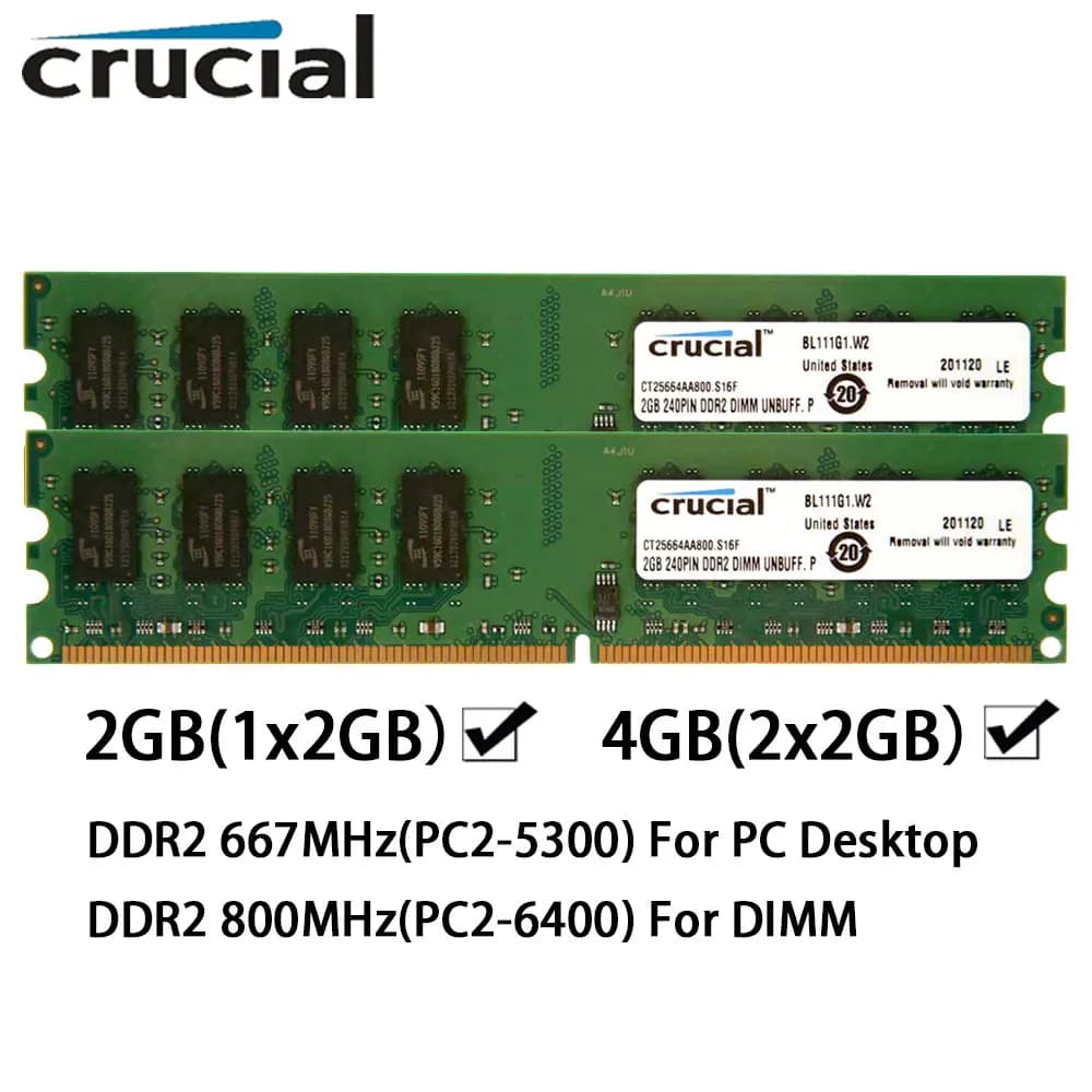 ذاكرة رام Crucial DDR2 لسطح المكتب 2 جيجابايت 4 جيجابايت (2x2 جيجابايت) 667 ميجاهرتز 800 ميجاهرتز DIMM PC2-6400 PC2-5300 1.8 فولت غير ECC غير مخزنة