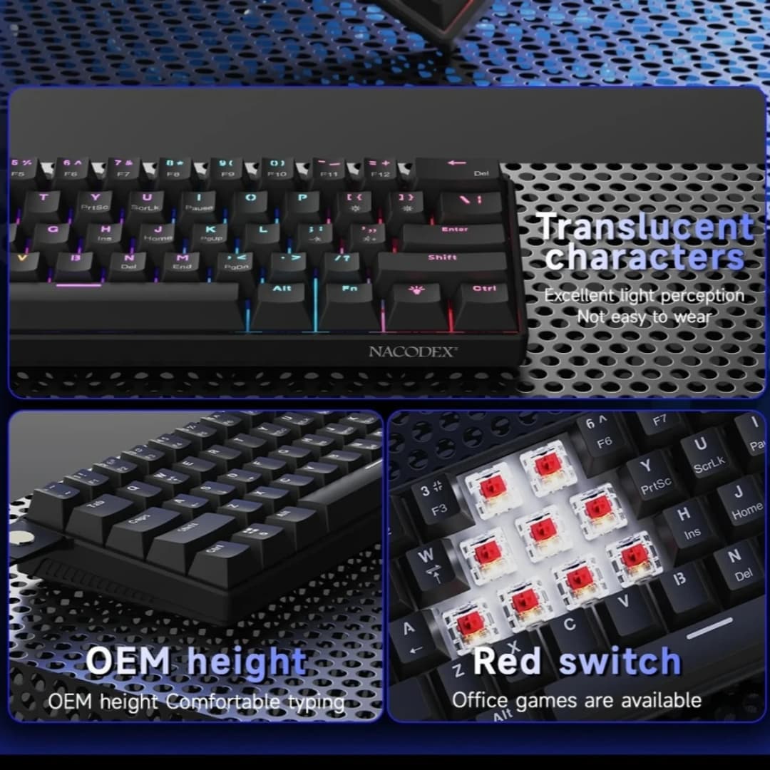 لوحة مفاتيح ميكانيكية سلكية للألعاب AJAZZ NK61 60% RGB قابلة للتبديل السريع 61 مفتاحًا لوحة مفاتيح صغيرة بمفتاح أحمر لألعاب الكمبيوتر - 5