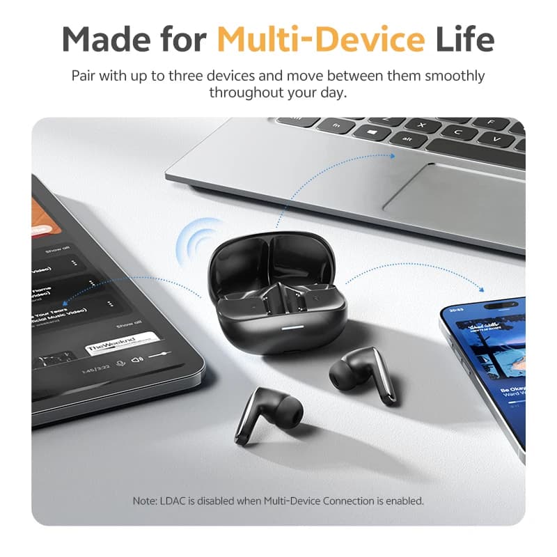 سماعات أذن QCY MeloBuds N65 لاسلكية، بلوتوث 6.0، إلغاء الضوضاء النشط AI، صوت عالي الدقة LDAC، تتبع الرأس، صوت محيطي، 8 ميكروفونات، عمر بطارية 50 ساعة - 6