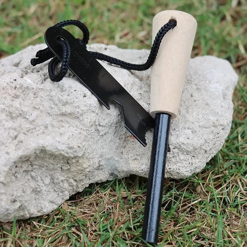 New Wilderness Survival Portable Flint Kit - Magnesium Fire Starter Stick with Wooden Handle for Camping Outdoor Equipment Tool - 2