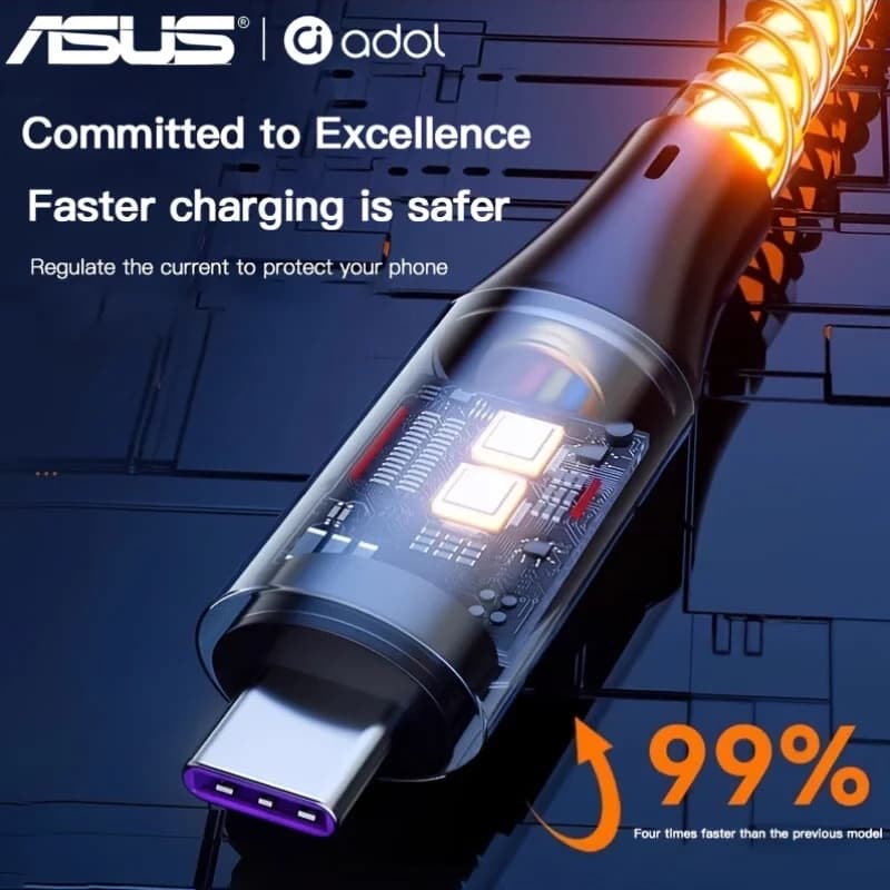 كابل بيانات إضاءة تدرجية مضيئة RGB للشحن السريع من ASUS بقوة 66 واط TYPE-C لشحن iPhone 15 وXiaomi وSamsung - 3