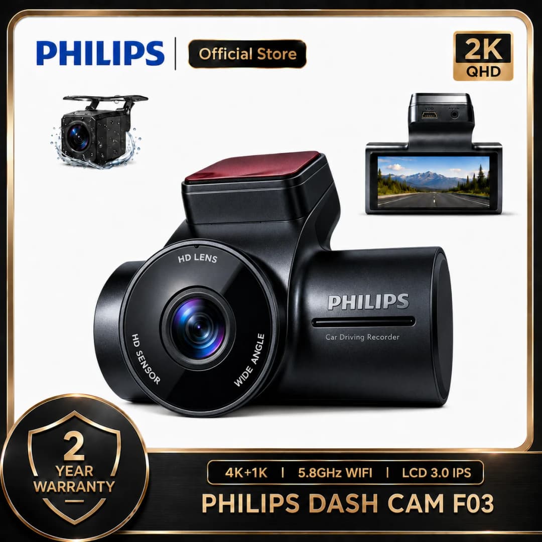 كاميرا سيارة PHILIPS Dash Cam F03 بدقة 2K QHD+1K مزدوجة أمامية وخلفية بشاشة 3.16 بوصة IPS واي فاي 2.4GHz و5GHz مراقبة الوقوف 24 ساعة
