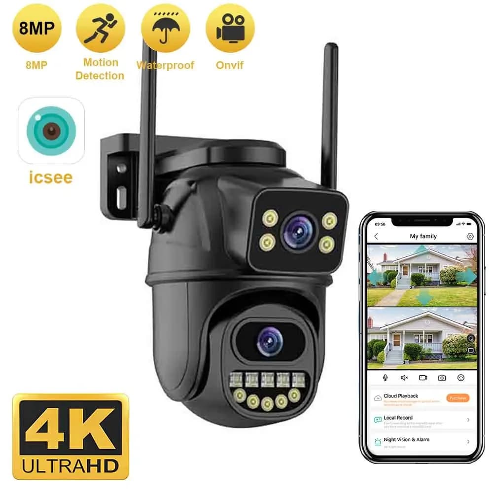 كاميرا مراقبة BELIA 4K 8MP واي فاي، عدسة مزدوجة، تكبير رقمي 4X، كشف بشري ذكي، ONVIF، كاميرات IP أمنية خارجية PTZ