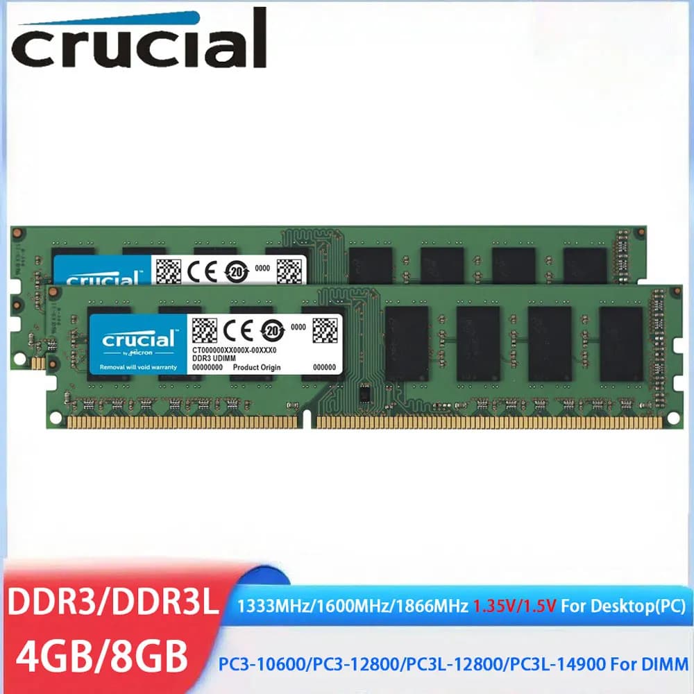 ذاكرة رام للكمبيوتر المكتبي من كروشيال، DDR3 و DDR3L، بسعات 4 جيجابايت و 8 جيجابايت و 16 جيجابايت، بترددات 1333 و 1600 و 1866 ميجاهرتز، بجهد 1.5 فولت و 1.35 فولت، PC3L-12800 و 14900، غير ECC، UDIMM