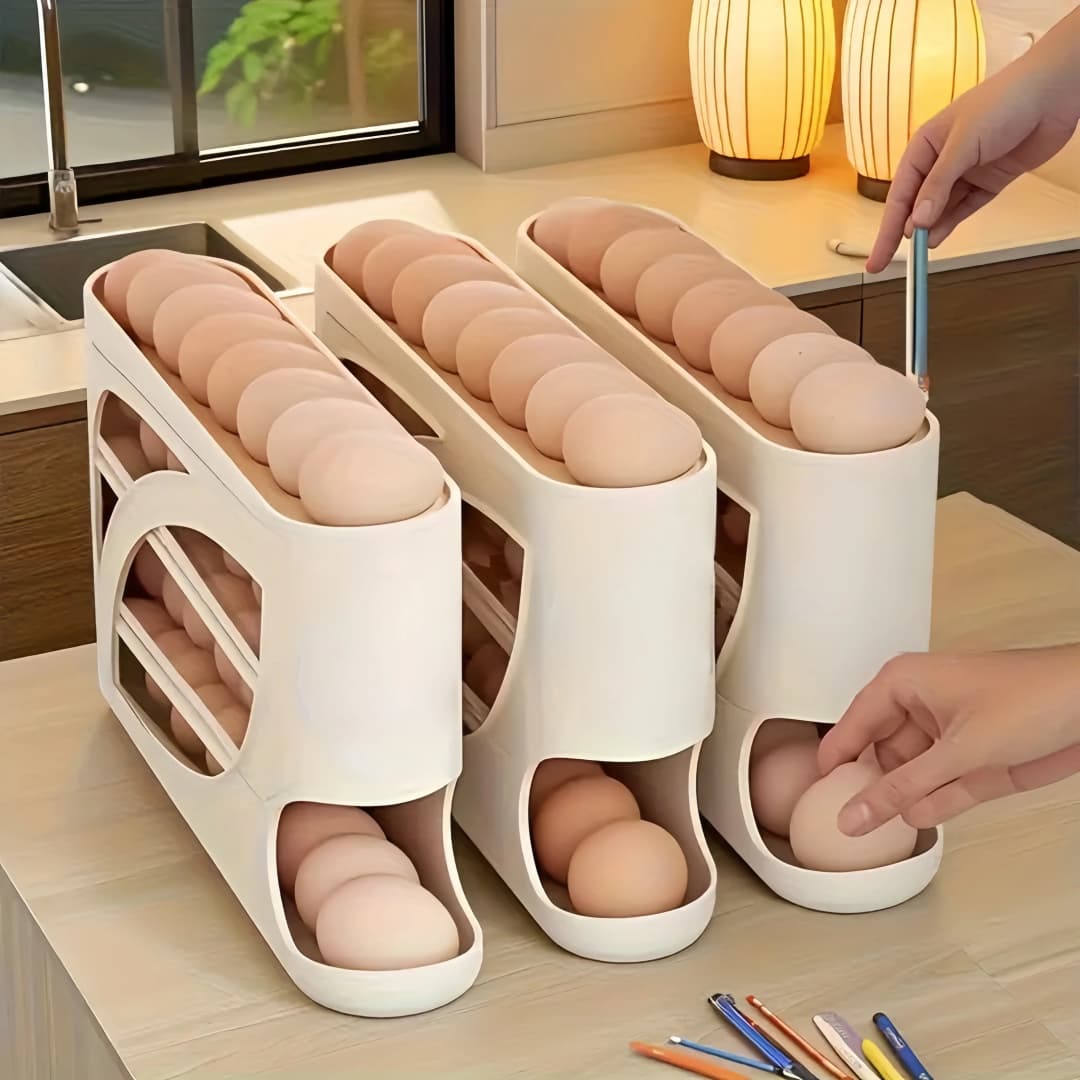 One automatic egg filling rack for the refrigerator. It slides down automatically. Saves effort and space. Large capacity - 4