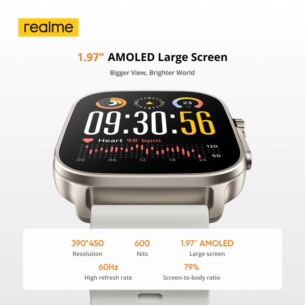 ساعة realme Watch 5 الذكية بشاشة 1.97 بوصة مسطحة AMOLED مع بوصلة وGPS مستقل و5 أنظمة GNSS وبطارية تدوم 14 يومًا وبطاقة NFC ومقاومة للماء IP68 - 3