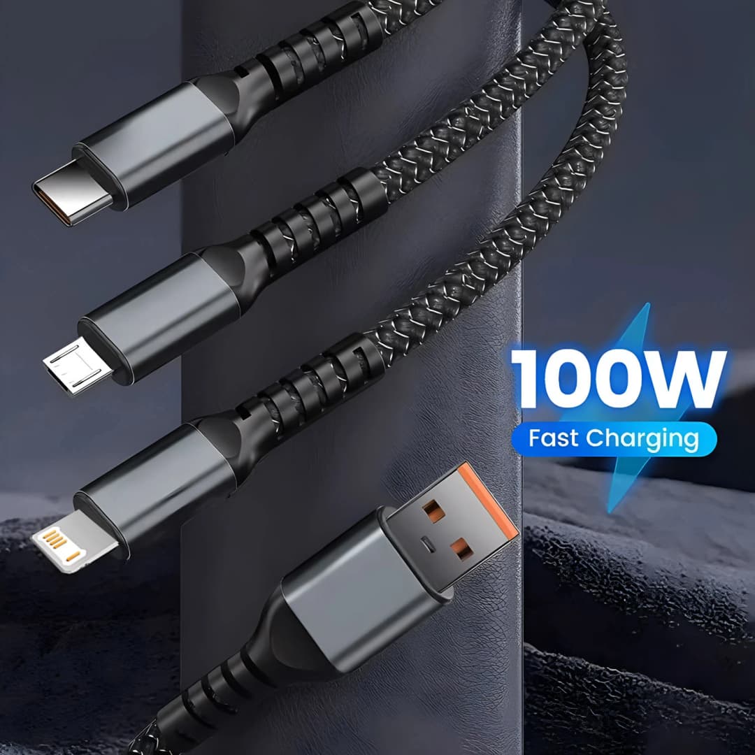 كابل شاحن سريع 3 في 1، USB 100 واط 6A، كابل سيارة USB إلى Type-C ومايكرو لايتنينج لآيفون 16 و15 و14 و13 وسامسونج وشاومي وهواوي - 2
