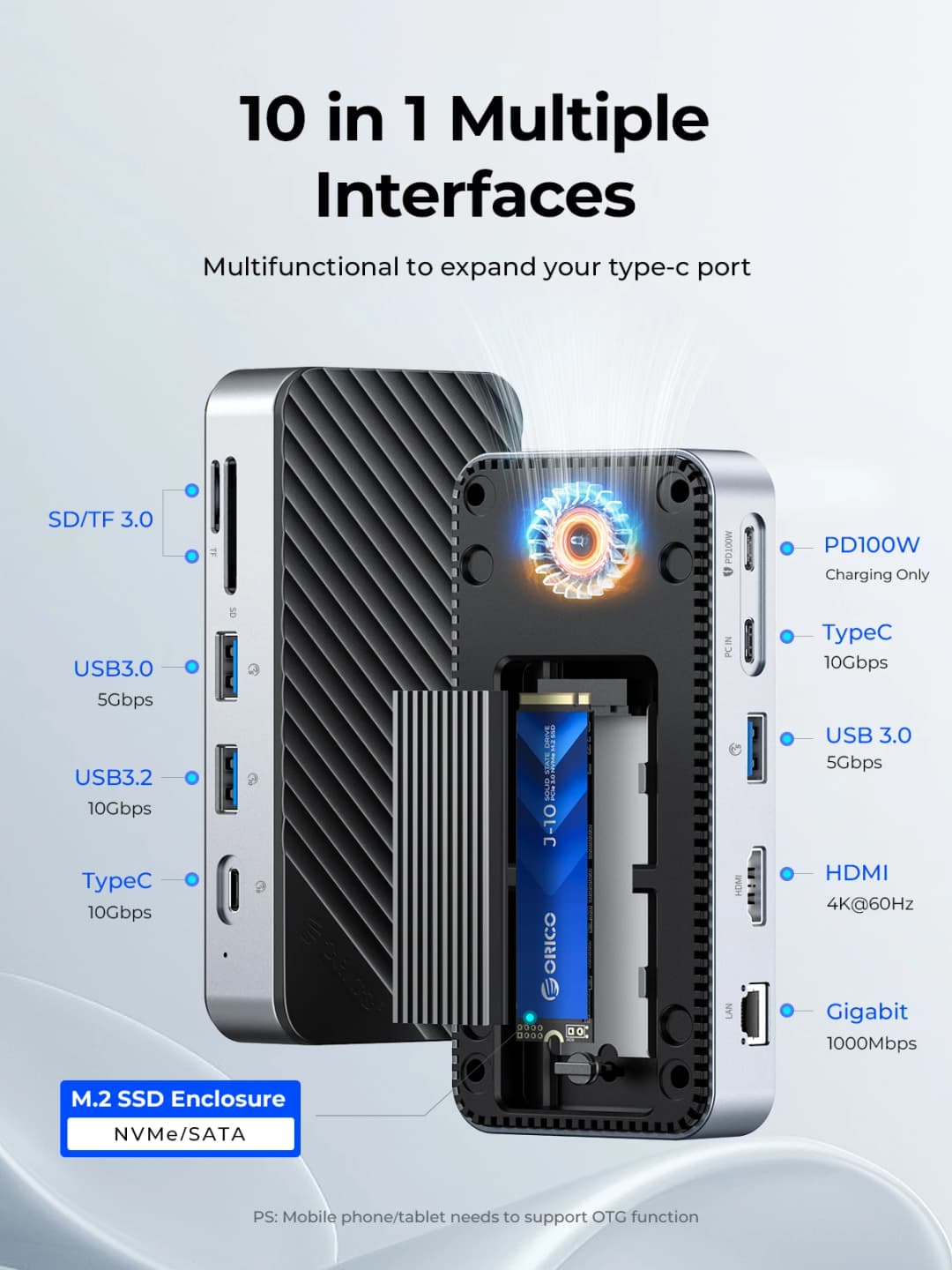 ORICO-USB C HUB with Cooling Fan M.2 NVMe SATA SSD Enclosure External 10Gbps 4K 60Hz HDMI-Com RJ45 SD TF Docking Station - 3