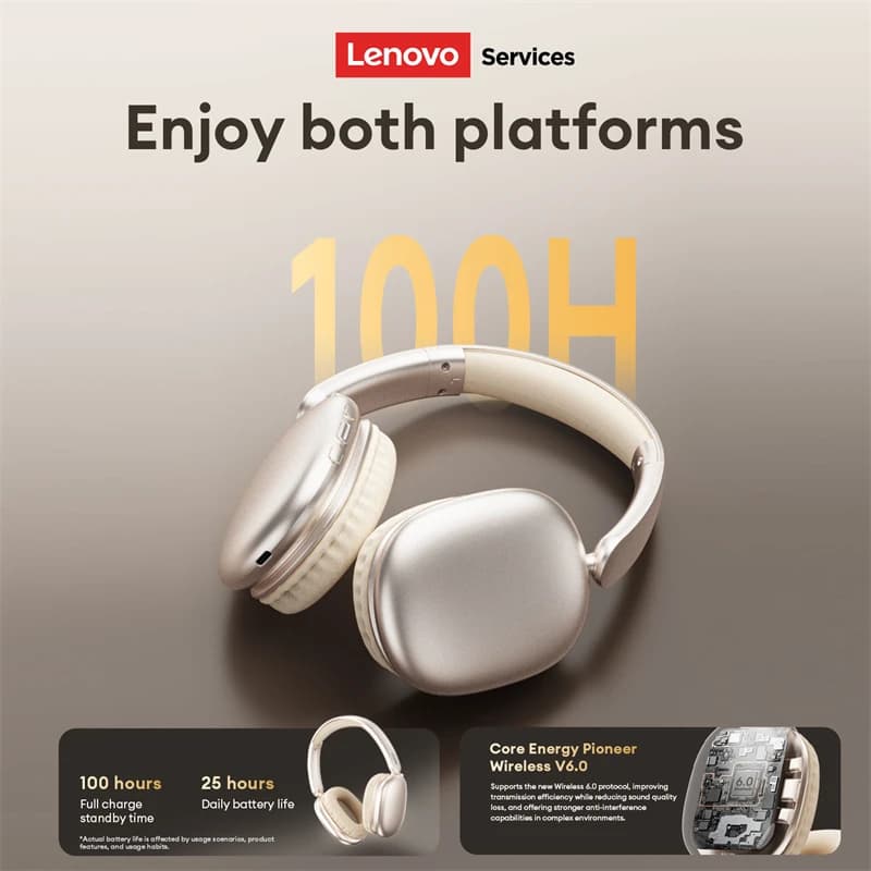 سماعات رأس لاسلكية Lenovo LES-107 بلوتوث 5.0 مع صوت محيطي، قابلة للطي، ألعاب، باس HIFI، بطارية تدوم 26 ساعة - 6