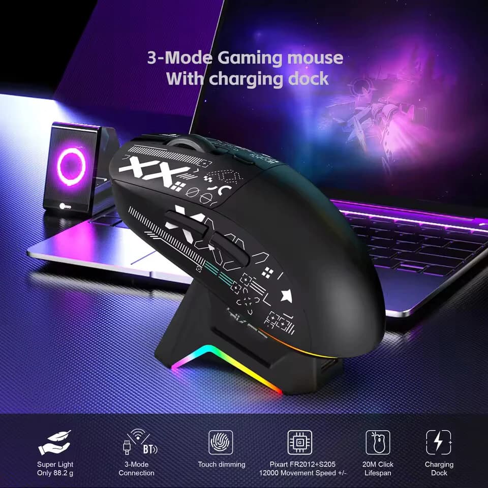 ماوس ألعاب لاسلكي T90Pro بإضاءة RGB خلفية، قاعدة شحن، وضع ثلاثي، مستشعر بصري 1K، تصميم مريح، متوافق مع الألعاب الإلكترونية