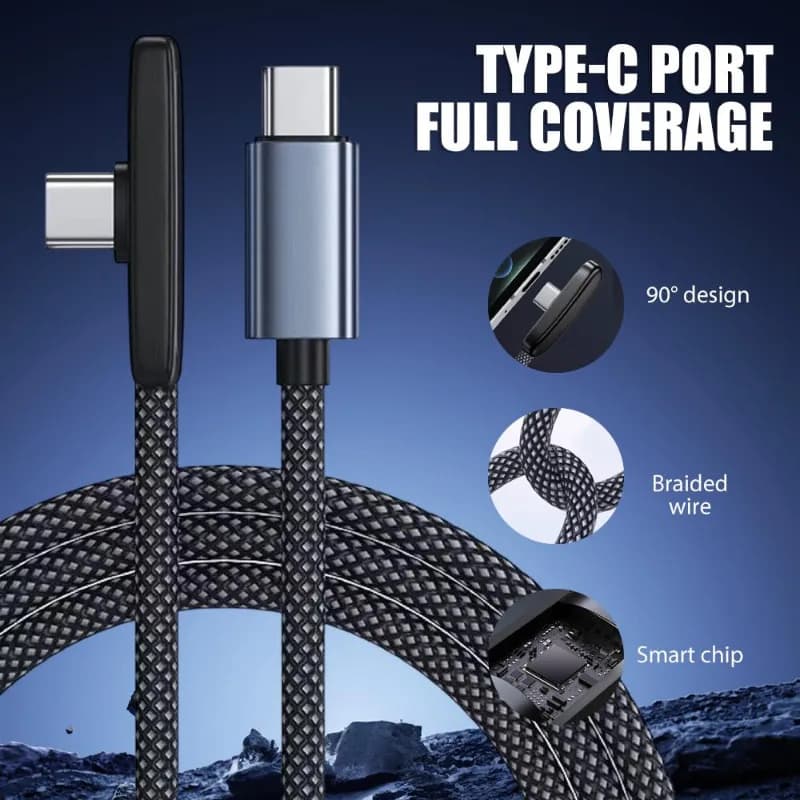 كابل USB Type C بزاوية 90 درجة شحن سريع 100 واط كابلات نقل بيانات سلك USB-C محمول بزاوية قائمة لهواتف آيفون وسامسونج وشاومي - 4