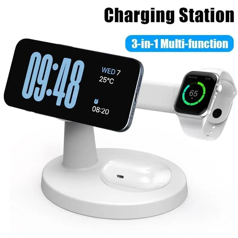 حامل شاحن لاسلكي مغناطيسي 3 في 1 لهاتف Magsafe iPhone 16 15 14 13 Pro Max Apple Watch 9 8 AirPods Pro محطة شحن سريعة