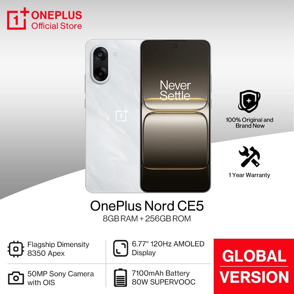 هاتف OnePlus Nord CE 5 الإصدار العالمي، بطارية 7100mAh، معالج MediaTek Dimensity 8350 Apex، كاميرا 50 ميجابكسل Sony LYT-600