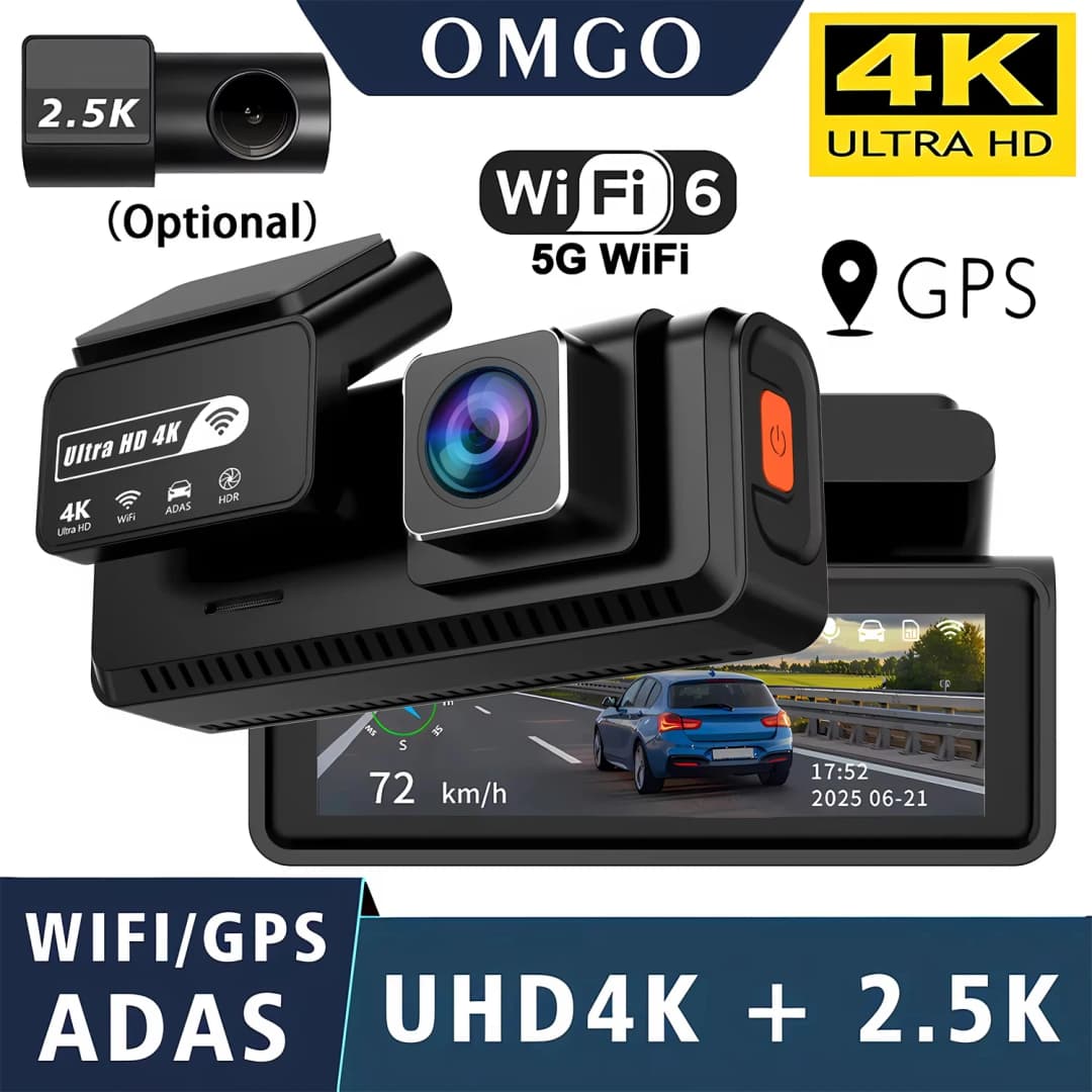 كاميرا ADAS للسيارة بدقة 4K+2.5K مع نظام تحديد المواقع العالمي (GPS) وواي فاي ورؤية ليلية 24 ساعة وعدسة خلفية اختيارية ومسجل فيديو للسيارة (DVR) وكاميرا تسجيل فيديو لصندوق السيارة الأسود