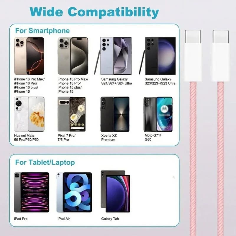 كابل شحن سريع من النايلون المضفر USB-C إلى USB C بقوة 60 واط لهواتف iPhone 17 و16 و15 /Pro Max ومتوافق مع أجهزة Samsung Type C - 6