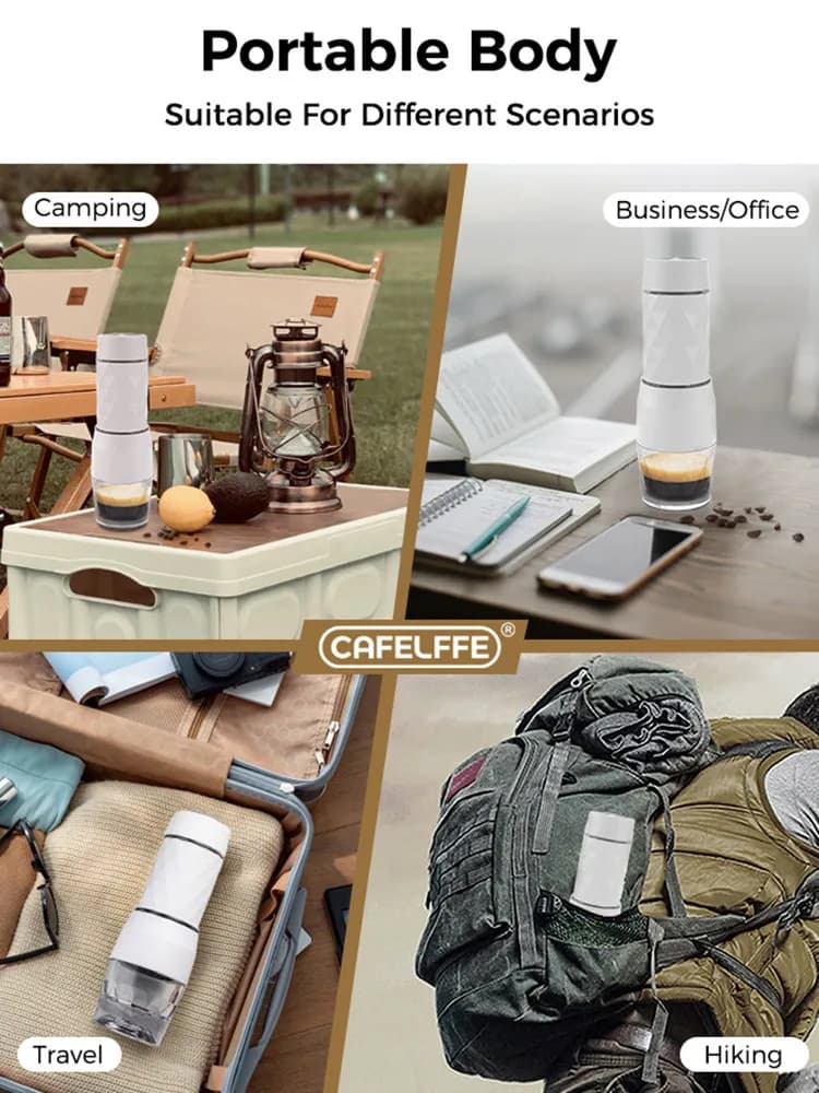 آلة قهوة محمولة 3 في 1 من Cafelffe، صانع إسبريسو يدوي للماء الساخن والبارد، مناسبة للكبسولات والقهوة المطحونة، مثالية للسفر والمشي - 6
