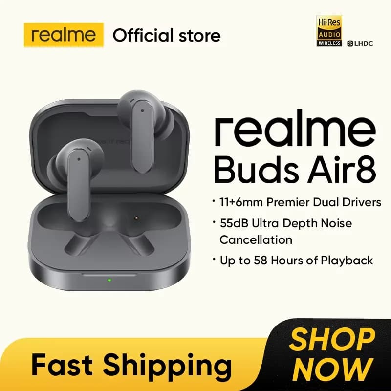الإصدار العالمي realme Buds Air 7 سماعة أذن TWS عزل ضوضاء 52dB بطارية تدوم حتى 52 ساعة مشغل باس 12.4 مم LHDC 5.0 IP55
