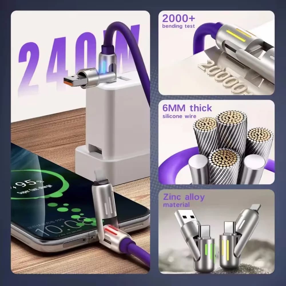شاحن متعدد المنافذ 4 في 1، كوع دوار، USB إلى Type-C، كابل سيليكون، شحن سريع 240 واط، نقل البيانات - 5