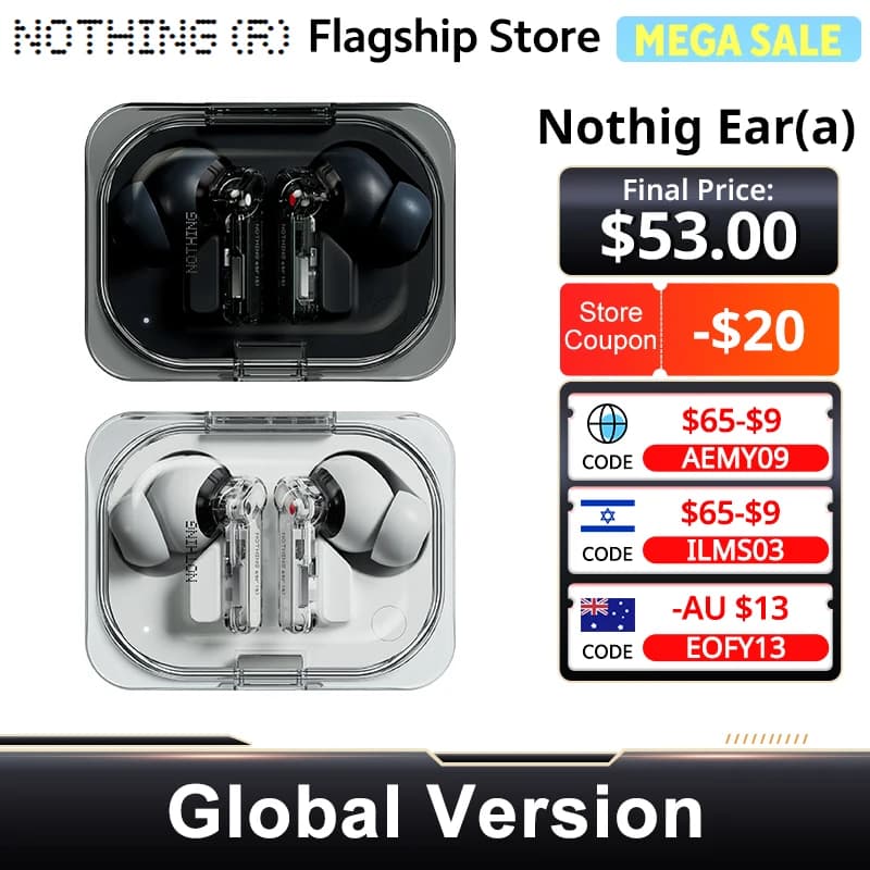 الإصدار العالمي Nothing Ear (a) سماعة بلوتوث  45dB إلغاء الضوضاء النشط ANC ديناميكي 42.5 ساعة استماع تصميم عصري