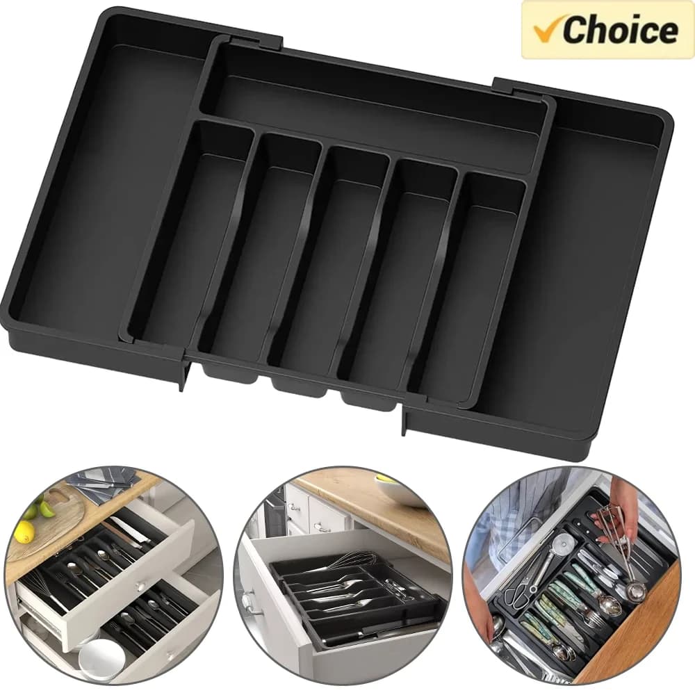 منظم أدراج مطبخ قابل للتوسيع، صندوق تخزين أدوات مائدة قابل للسحب والتعديل للملاعق والشوك والسكاكين