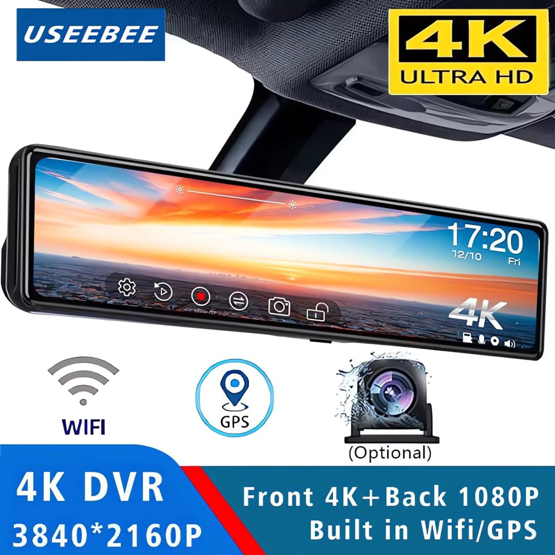 مرآة داش كام بدقة 4K UHD 2160 بكسل، عدسة مزدوجة، GPS، واي فاي، شاشة IPS، ومسجل تيار لمرآة الرؤية الخلفية