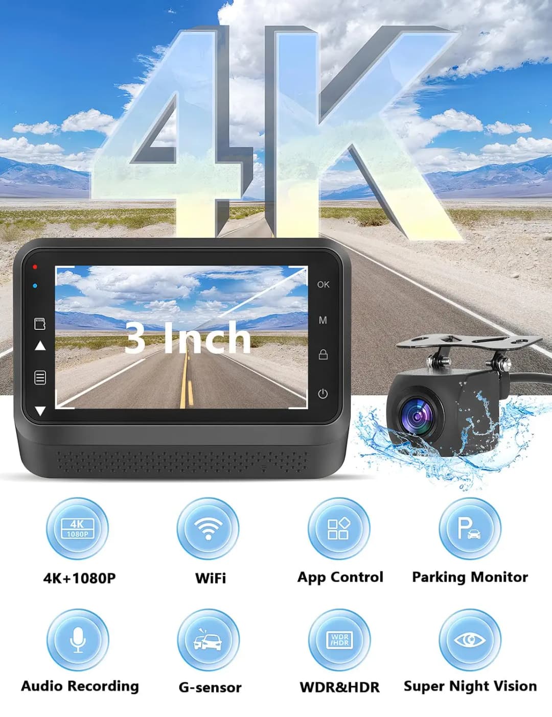 كاميرا داش Kocam بدقة 4K UHD، كاميرا أمامية وخلفية مزدوجة العدسة مع رؤية ليلية 24 ساعة، شاشة ركن السيارة، وصندوق أسود - 2