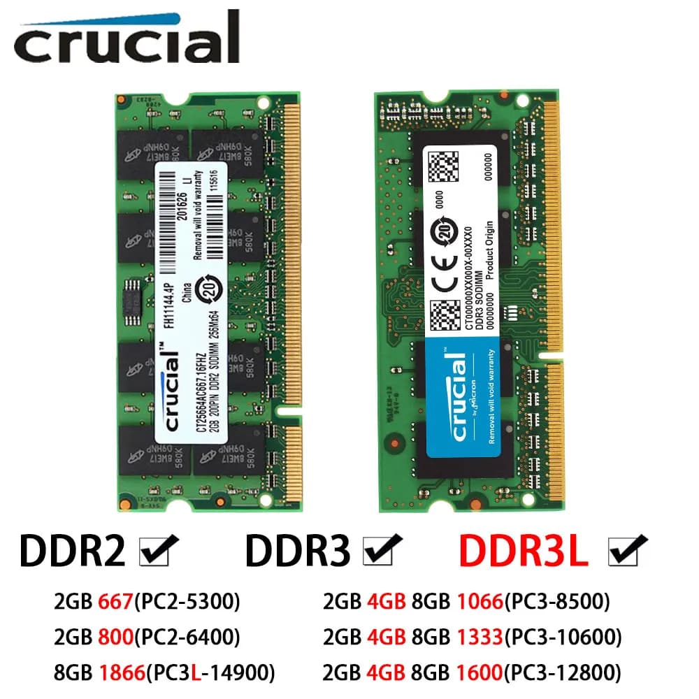 ذاكرة Crucial DDR3 DDR3L DDR2 KVR ذاكرة الوصول العشوائي للكمبيوتر المحمول 2 جيجابايت 4 جيجابايت 8 جيجابايت 667 800 1066 1333 1600 ميجاهرتز SODIMM PC2-5300 PC3-12800 دفتر ملاحظات 1.35/1.5V