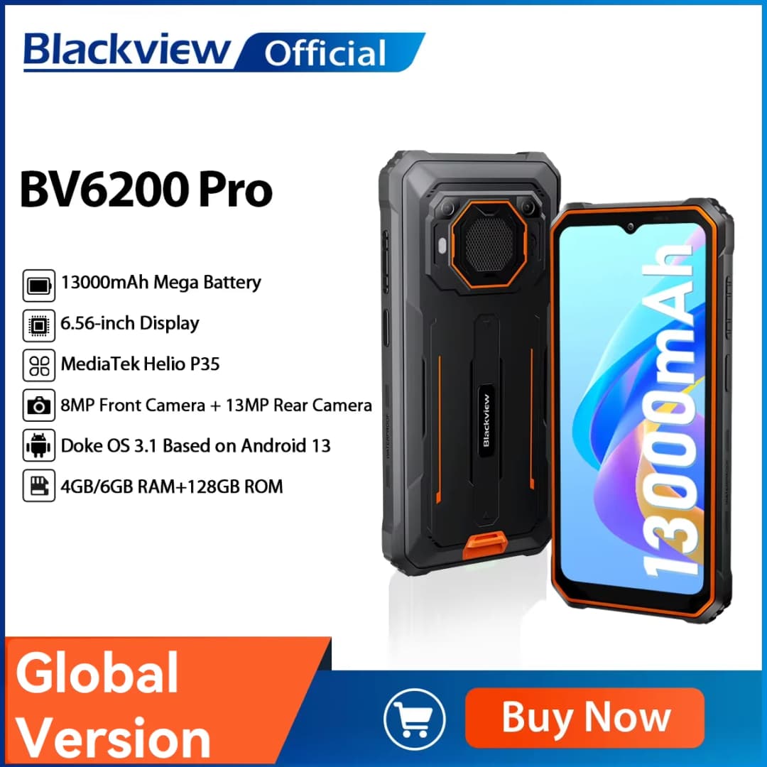 هاتف بلاك فيو BV6200 برو المتين، أندرويد 13، شاشة 6.56 بوصة، معالج هيليو P35، ذاكرة وصول عشوائي 6 جيجابايت، ذاكرة داخلية 128 جيجابايت، بطارية 13000 مللي أمبير مع شحن سريع 18 واط، NFC